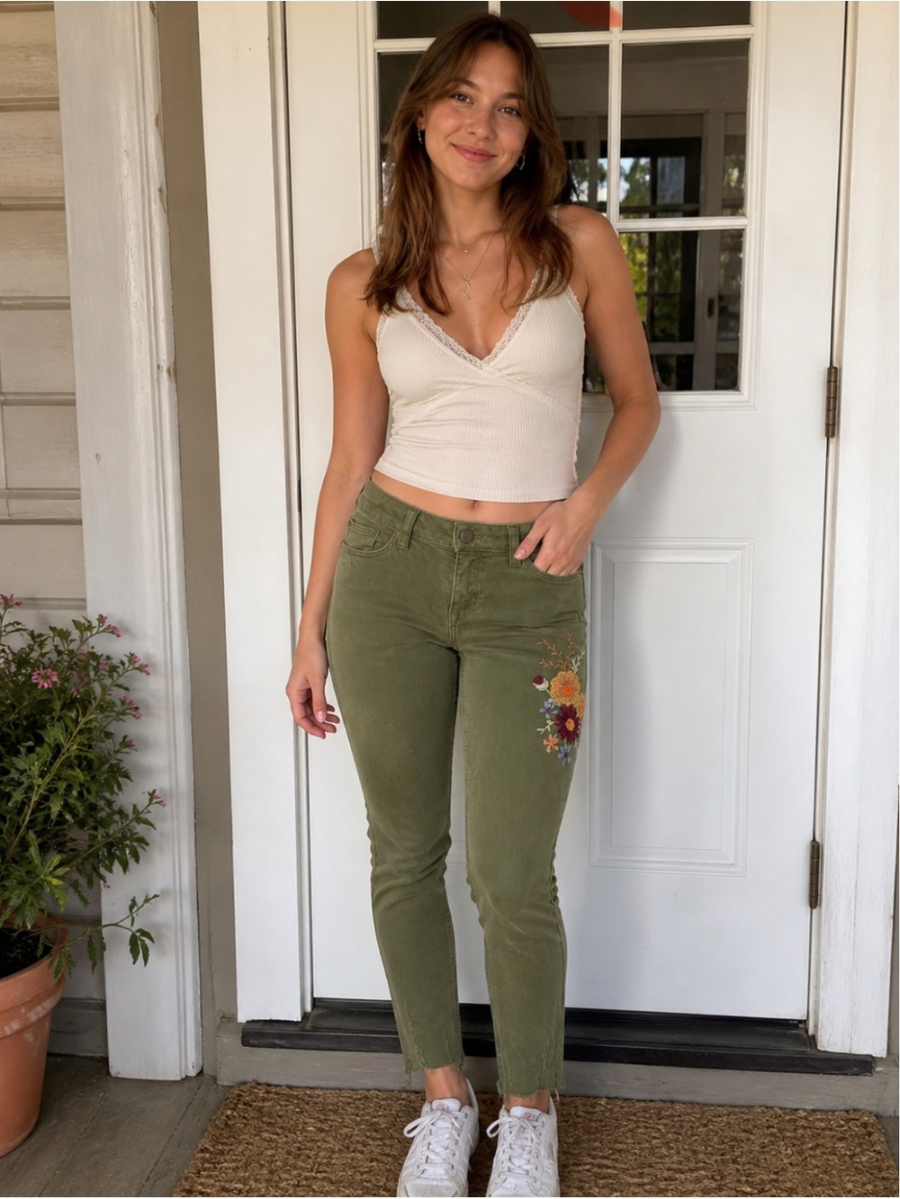 Zara Olive Green Skinny Jeans with Floral Embroidery